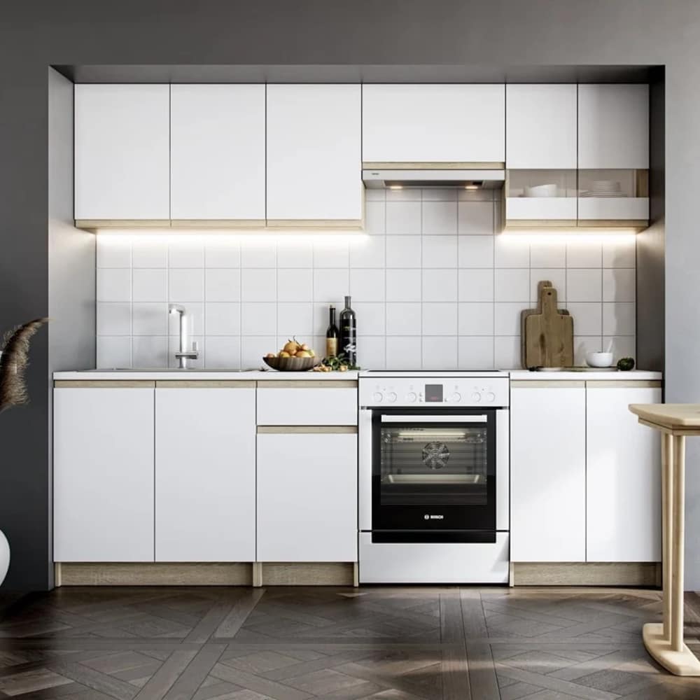 katarina-lux-24-m-ensemble-de-meubles-de-cuisine-a-assembler-blanc-et-chene-ksetkatarinao Ensemble de meubles de cuisine à assembler, blanc et chêne Naturel Katarina LUX 2,4 m – Image 1