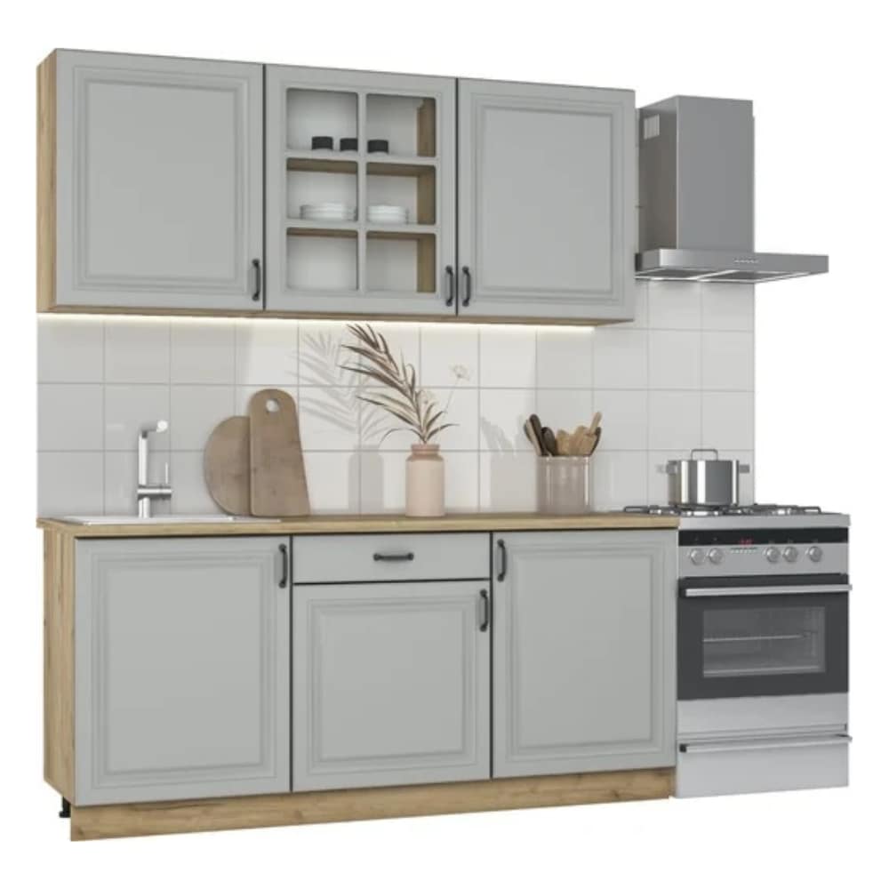 Cuisine Naturel Loria 1,8m rustique chêne frêne armoire verre