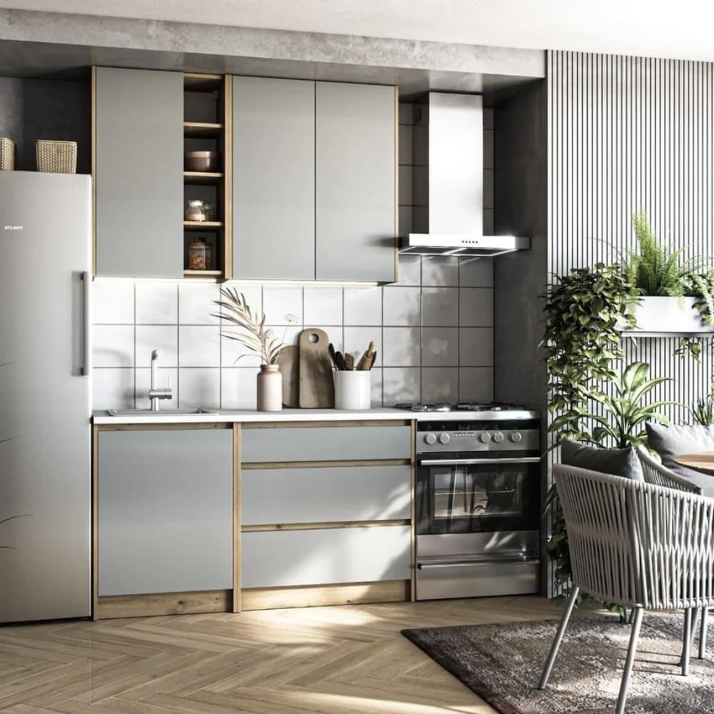 zlata-14-m-ensemble-de-meubles-de-cuisine-a-assembler-gris-et-chene-ksetzlata Ensemble de meubles de cuisine à assembler, gris et chêne Naturel Zlata 1,4 m – Image 1