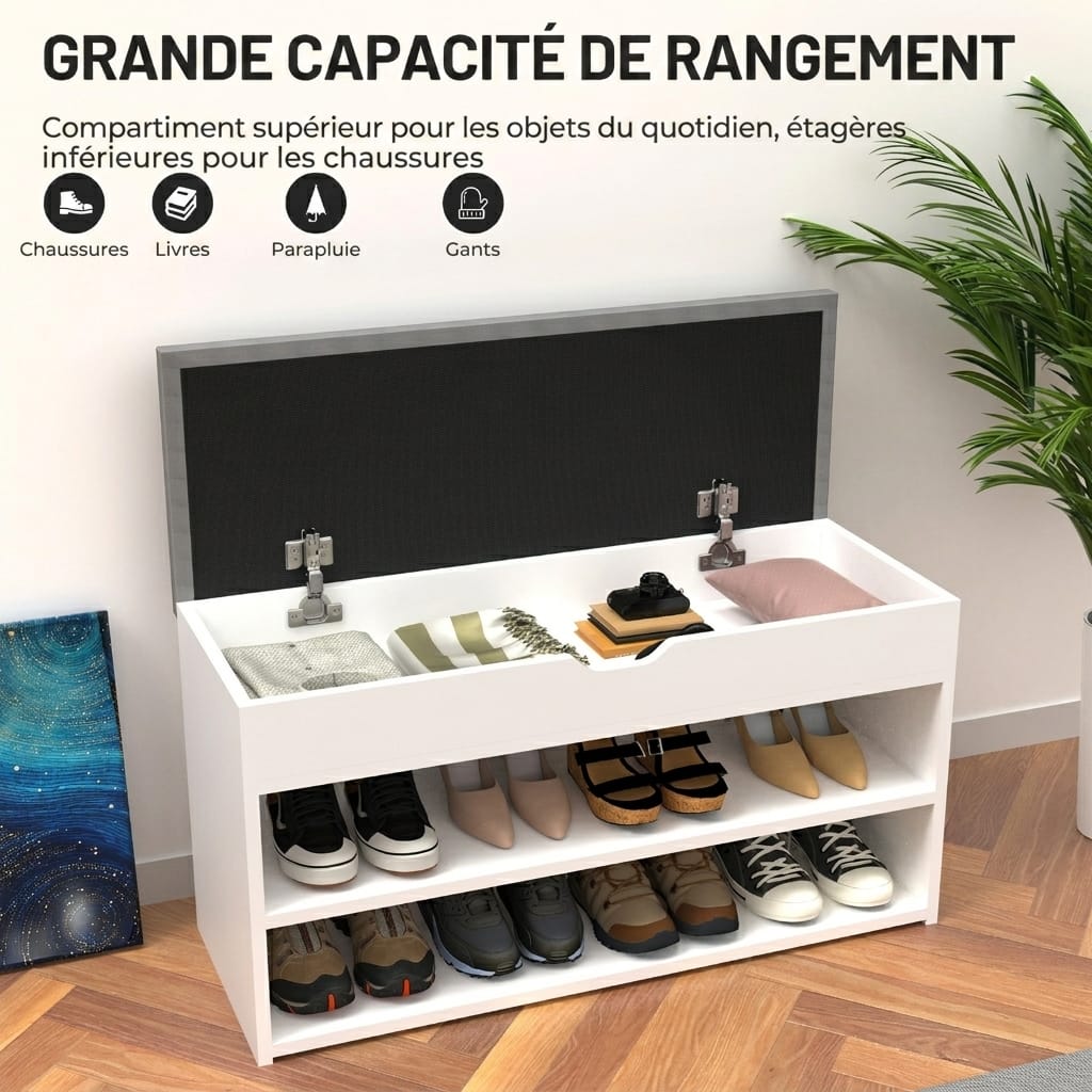 Banc à chaussures avec rangement et assise rembourrée 80 cm – Image 2