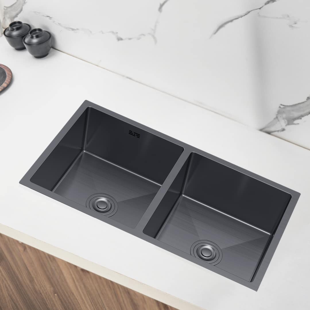 Zlewozmywak-Kuchenny-Dwukomorowy-Stalowy-Grafitowy-80x45cm-2 Évier en acier double bac 80x45cm couleur PVD Graphite noir – Image 1