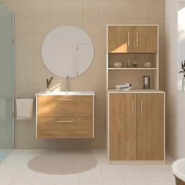 Ensemble meuble vasque suspendu beige et effet bois l.80 cm + vasque simple + miroir rond Ø80 cm, Luma – Image 1