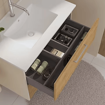 Ensemble meuble vasque suspendu beige et effet bois l.80 cm + vasque simple + miroir rond Ø80 cm, Luma – Image 2